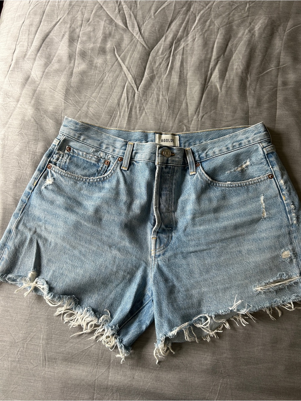 Agolde Light Wash Frayed Hem Denim Shorts